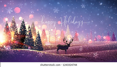 Christmas Card with Reindeer and Snowflakes, Winter Sunny Landscape. Vector illustration