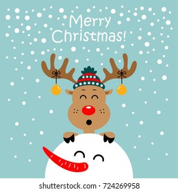 Christmas Card With Reindeer And Snowman. Vector Illustration