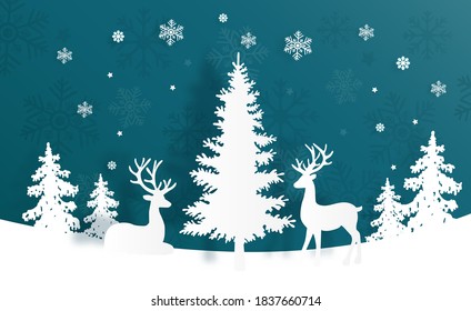 Tarjeta de Navidad con reno y árbol de Navidad. Escena de invierno en ilustración vectorial de estilo de corte de papel