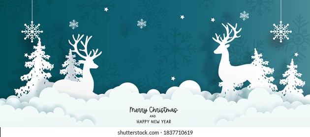 Christmas card with reindeer and Christmas tree. Winter scene in paper cut style vector illustration