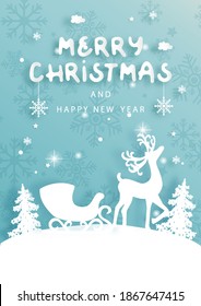 Christmas card with reindeer and Christmas tree. Winter scene in paper cut style vector illustration