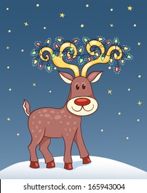 Christmas card with reindeer. Vector cartoon illustration.