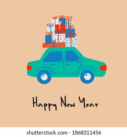 Christmas card with retro car with a gifts and lettering Happy New Year