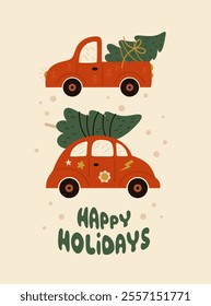 Christmas card with Christmas retro car. Retro Christmas card. Christmas Greeting card.	
