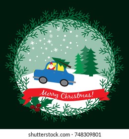 Christmas card with retro car with Santa Claus in a winter forest
