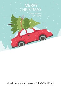 Christmas card with retro car and tree, vector illustration.