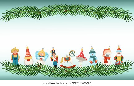 Christmas card with retro style Christmas decorations. Holiday characters tin soldier, angel, snowman, gnome, horse, Santa Claus, mushroom. Vector illustration.