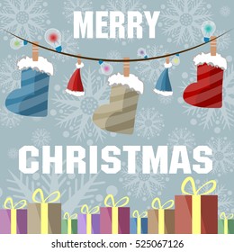 Christmas card in retro style. Festive garland of boots, hats and multicolored lights and boxes with gifts on a gentle gray background with snowflakes. Flat.