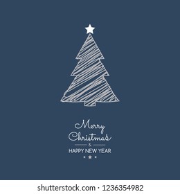 Christmas card in retro style with hand drawn tree. Vector.