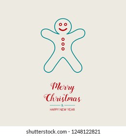Christmas card in retro style with hand drawn gingerbread cookie. Vector.