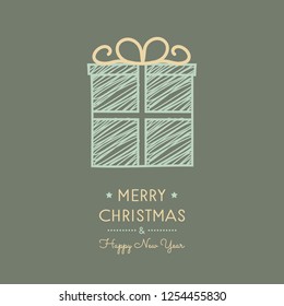 Christmas card in retro style with hand drawn present. Vector.