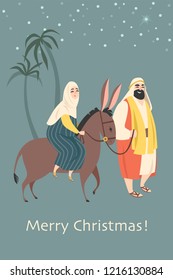 Christmas card in retro style with the holy family going to Bethlehem. Vector illustration in cartoon style.