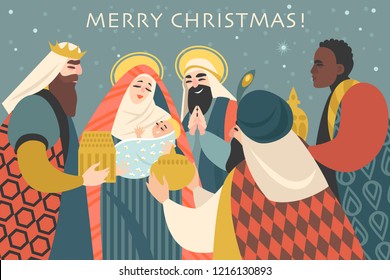 Christmas card in retro style with three kings bringing gifts to Jesus. Vector illustration in cartoon style.