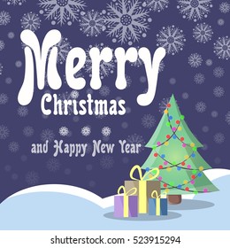 Christmas card in retro style. Christmas tree with garlands stands on snow underneath boxes with gifts on a background of the night sky. Falling snowflakes. Flat.