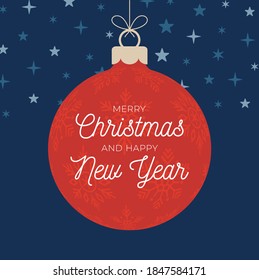 Christmas Card Retro style. Vector illustration New Year banner with Christmas balls. Decorative bauble in flat cartoon style with greeting lettering