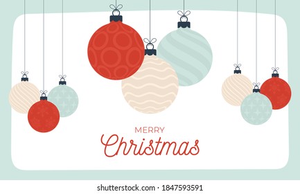 Christmas Card Retro style. Vector illustration New Year banner with Christmas balls. Decorative bauble in flat cartoon style with greeting lettering