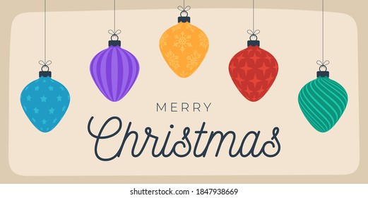 Christmas Card Retro style. Vector illustration New Year banner with Christmas balls. Decorative bauble in flat cartoon style with greeting lettering