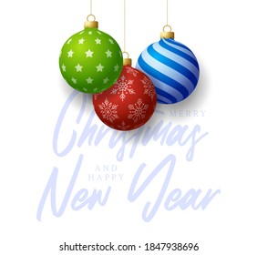 Christmas Card Retro style. Vector illustration New Year banner with Christmas balls. Decorative bauble in realitic style with greeting lettering