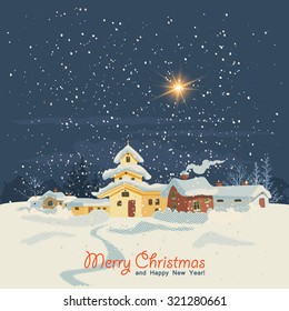 Christmas card in retro style. Winter landscape with a small village at night. Vector illustration.   