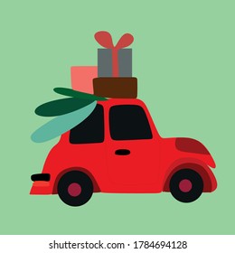 Christmas card.Red retro truck with Christmas tree gifts.On a green background.Vector illustration