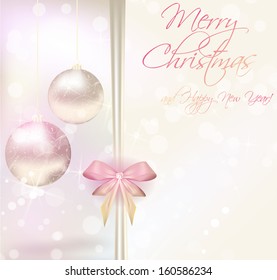 Christmas card with ribbon and bow on shiny christmas ball background