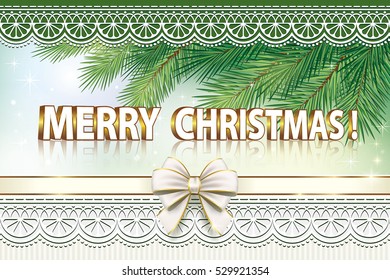 Christmas card with ribbon and bow on a background of an ornament and fir branches