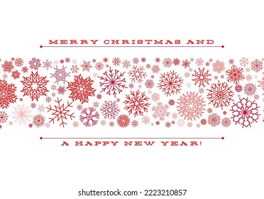 Christmas card with the ribbon of red snowflakes with Merry Christmas holiday greeting.
