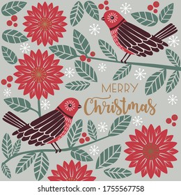  Christmas card with Robin bird, leaves, berries and Poinsettia. 