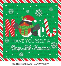 Christmas card with robin bird and noel
