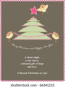 Christmas card. Robin birds decorate the Christmas tree. Vector illustration.