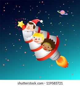 Christmas card with rocket and kids