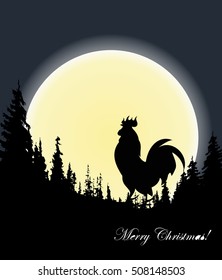 Christmas card with a rooster on the background of the moon