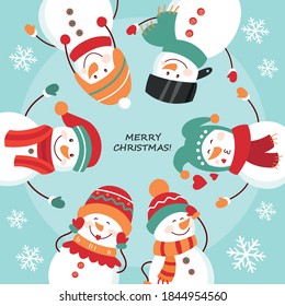 Christmas card. Round dance of snowmen. Vector illustration.