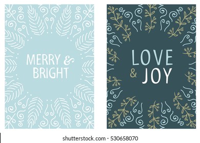 Christmas Card round design. Merry and Bright. Love and Joy. Hand drawn vector illustration.