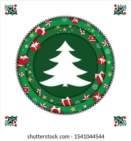 Christmas card with a round embossed, red, white and green, decorated with fir tree and small gifts.