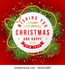 Christmas card. Round paper emblem with type design and pine tree brunches