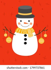 Christmas card.  Round snowman on a red background wearing a hat with Christmas tree decorations