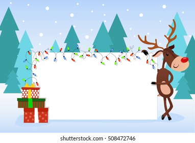 Christmas card with Rudolph reindeer, gift box and text space