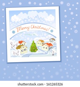 Christmas card with rural landscape and snowflakes. vector illustration
