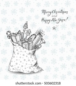 Christmas card with sack full of gifts. Gift boxes. christmas candies, firework rockets. Doodle sketch illustration.