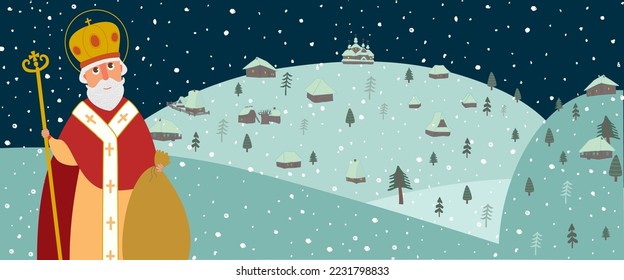 Christmas card with Saint Nicholas and his gift bag. Winter landscape.  Hand drawn vector illustration.