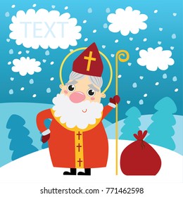 Christmas card, Saint Nicholas on winter background, template with space for text 