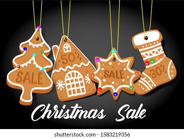 Christmas card with sale and discounts. Discounted homemade cakes, gingerbread house and Christmas tree