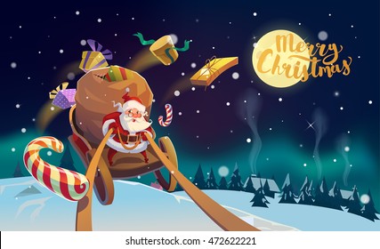 Christmas Card  Santa and the bunch presents riding sleigh at the winter forest  Polar Lights at the background  Merry Christmas Lettering 