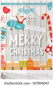 Christmas Card - Santa Claus in Airplane, Winter Town and New Year Symbols and Ornaments on White Wooden Background. Vector Illustration.