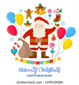 Christmas card with Santa Claus, balloons and other christmas decoration on white background