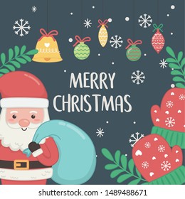 christmas card with santa claus and balls hanging