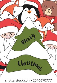 Christmas card with Santa Claus, brown bear, red foxes, penguin and gnome. Vector illustration in cartoon style. Postcard with Merry Christmas text on Christmas tree. 