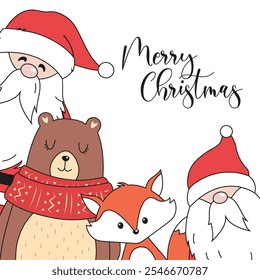 Christmas card with Santa Claus, brown bear, red fox and gnome. Vector illustration in cartoon style. Postcard with Merry Christmas text. 