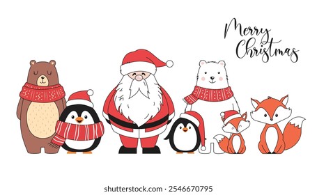 Christmas card with Santa Claus, brown bear, white bear, red foxes and penguins. Vector illustration in cartoon style. Postcard with Merry Christmas text. 